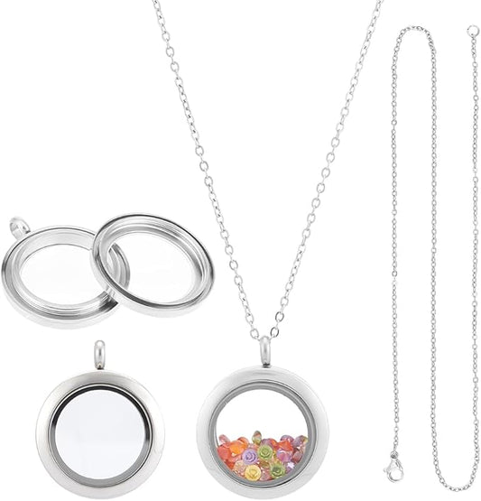 UNICRAFTALE 2 Sets Stainless Steel Memory Locket Charm Flat Round DIY Picture Photo Necklace Making Kit Chain Necklace with Crystal Double Sided Frame Glass Container Floating Charms for Lockets