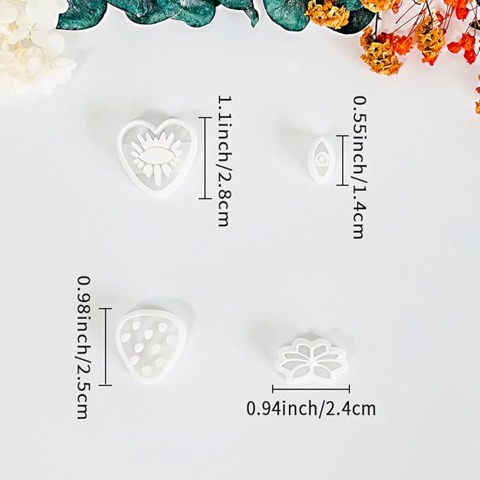 Xaekicr 4PCS Polymer Clay Cutters Set - Eye, Strawberry, Clover Heart Shape Clay Earring Cutters for DIY Jewelry Making, Clay Tools and Polymer Clay Molds