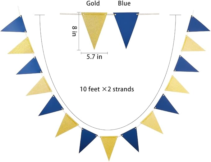MOWO Gold Blue Pennant Banner Paper Bunting Hanging Decoration for Birthday Graduation Retirement New Year's Party, Pack of 30 Counts Pennant, 20 feet