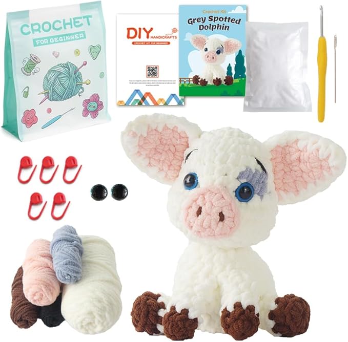 Hylvix Crochet kit for Beginners Adults, Grey Spotted Dolphin Crochet Animals kit, Learn to Crochet Knitting kit, with Step by Step Guide Video, Prefect for Gifts, with tutorials Yarns Hook