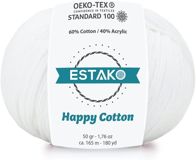 Estako Happy Cotton, 60% Cotton 40% Acrylic Yarn, Soft, Fine/Sport (2) for Crochet and Knitting 1.76 Oz (50g) / 180 Yrds (165m) (4110 - White)