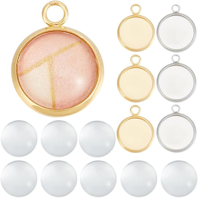 SUNNYCLUE 1 Box 120Pcs Blank Dome Pendant Making Kit Cabochon Settings Bezel Pendant Blanks Memorial Photo Charm Transparent Glass Cabochons with Round Pendant Trays for Jewelry Making DIY Findings