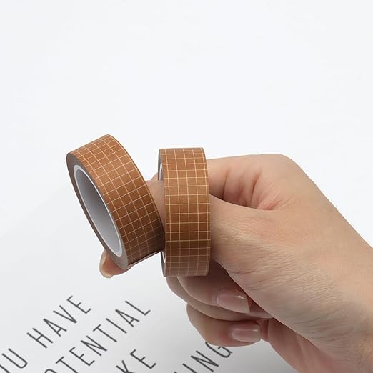 Mogoostry 2 Rolls Plaid Washi Tapes 0.6inch Width Brown Adhesive Paper Grid Decorative Masking Tapes for DIY Craft Party Decor Gift Wrapping Box Label