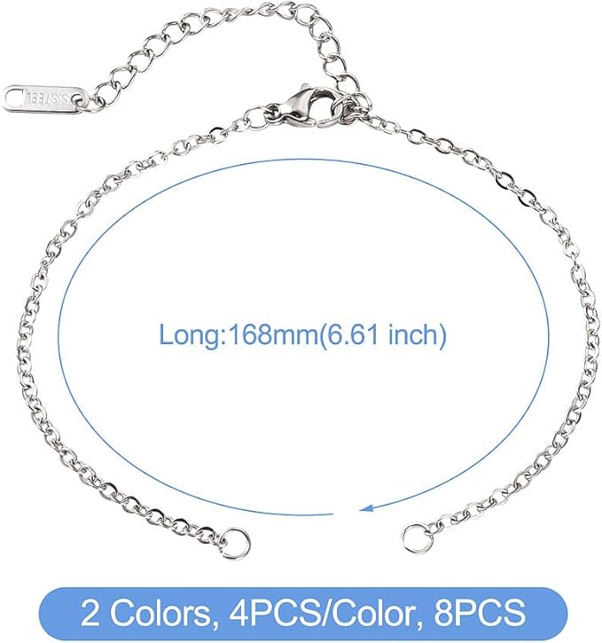FASHEWELRY 8Pcs Stainless Steel Adjustable Chains Bracelet Cable Chain Extender Chains 6-5/8 inch Metal Chain Link Bracelets with Lobster Clasp for Jewelry Making
