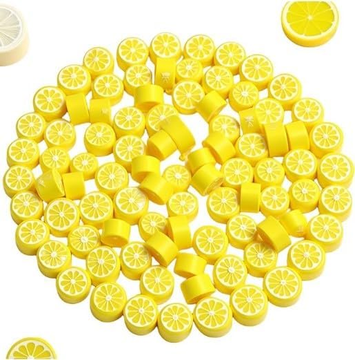 200Pcs Yellow Lemon Polymer Clay Beads,10mm Fruit Charm Spacer Beads for Jewelry Making,Necklace, Earring and Bracelet DIY Craft Supplies,Flat Bead, Summer Jewelry Kits and Fruit Theme Accessories