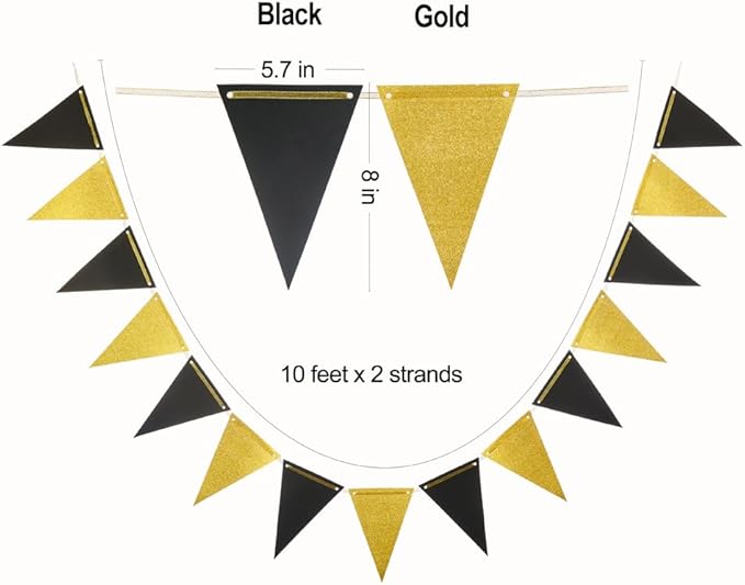 MOWO Gold Black Pennant Banner Paper Bunting Hanging Decoration for Birthday Graduation Retirement New Year's Party, Pack of 30 Counts Pennant, 20 feet
