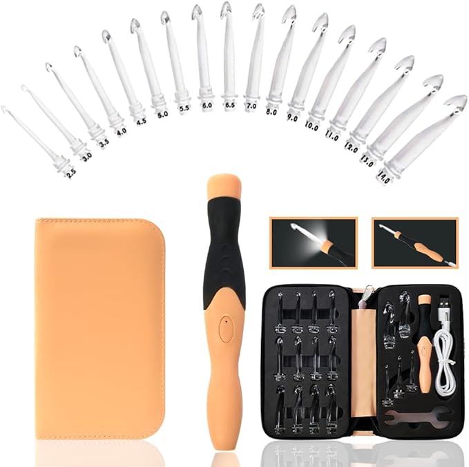 lewhoo 17 sizes light up crochet hooks 2.5mm~14.0mm,rechargeable light up crochet hooks with case