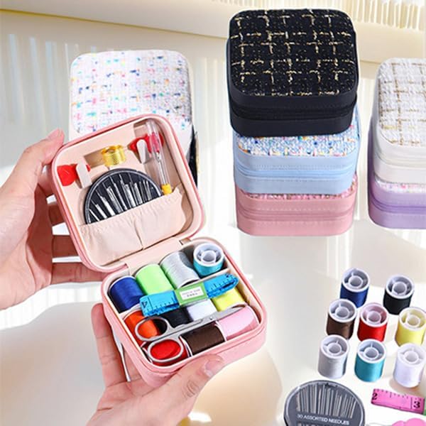 Mini Sewing Kit in Stylish Leather Case – Complete Set with Scissors,Needles,Thread & More, Fashion Box for Store Jewelry– Perfect for Beginners & Travel (Blue)