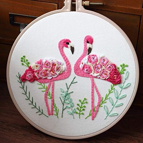 konrisa flamingo embroidery kit for beginners with pattern floral stamped full range of embroidery starter kit for adults cross stitch kit with embroidery cloth, hoops, color thread and tools,set of 2