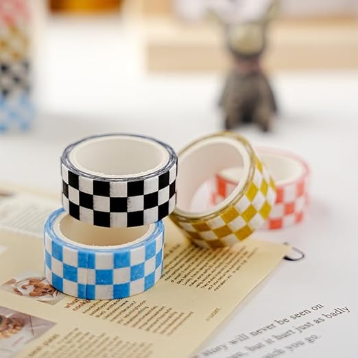 Checkered Tape Decorative Plaid Cute Washi Tape Set 0.6inch Width Colored Grid Masking Paper Tapes 5 Roll Checkerboard Flag Tape Rolls for Scrapbook Artist Craft Party Decoration Box Label