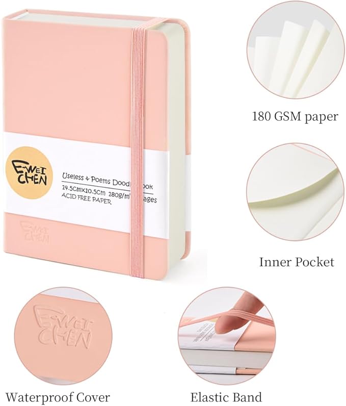 Hardcover 96Pages Blank Sketch Book for Drawing, Small 5.7x4.1 Pocket Journal Notebook for Travel, 180gsm Thick Paper Diary Notebooks for Work, PU Cover Memo for Writing. Pink