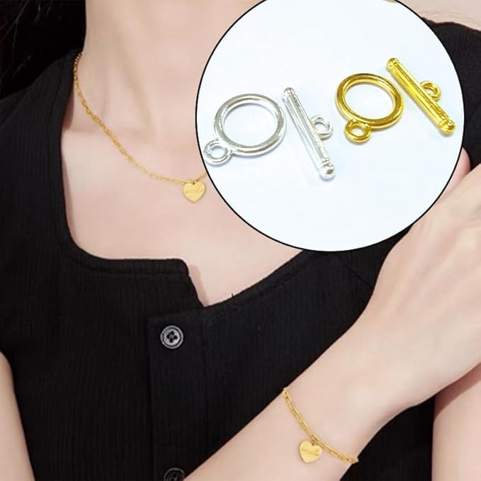 20 Sets Stainless Steel Round Toggle Clasps with T-Bar for Jewelry Making – DIY Necklace & Bracelet Clasps and Closures (Silver and Gold)