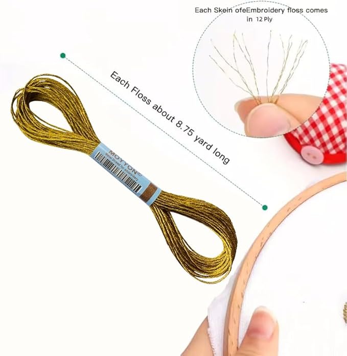 9 Skeins Embroidery Thread, 3 Colors Metallic Embroidery Floss Set, Polyester Cross-Stitch Threads for Hand Embroidery, String Art（Dark Gold，Light Gold,Sliver）