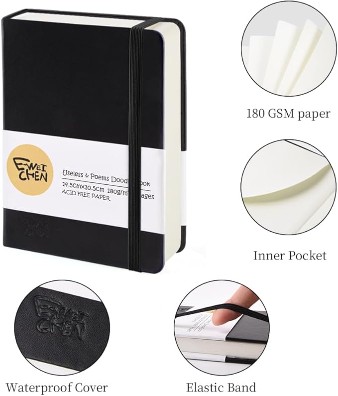 Hardcover 96Pages Blank Sketch Book for Drawing, Small 5.7x4.1 Pocket Journal Notebook for Travel, 180gsm Thick Paper Diary Notebooks for Work, PU Cover Memo for Writing. Black
