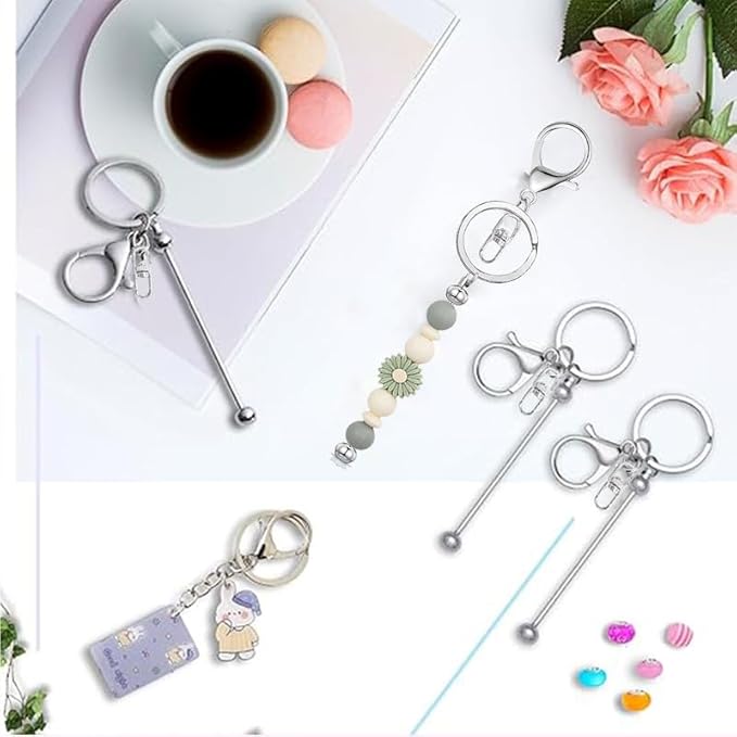 6 Pcs Beadable Keychain Bars Bulk for Beads DIY Blank Keychain Metal Beaded Keychains for Bead Key Chain Making Kit Crafts Gift Silver
