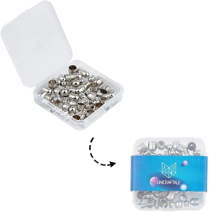 UNICRAFTALE Stainless Steel Cord Ends - 100pcs Leather End Caps 4/5/6/7/8mm Inner Diameter Terminators for Jewelry Making Kit, Stainless Steel Color