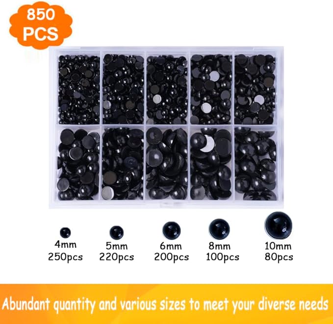 Zhbrchz 850pcs Round Black Plastic Doll Eyes 4mm 5mm 6mm 8mm 10mm Flatback Cabochon Button Eyeball Beads for Stuffed Animals Amigurumis Crochet Bears Crafts Making