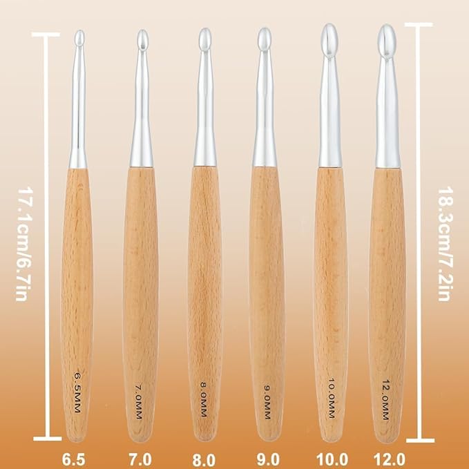 Yarniss Large Crochet Hooks Set 6.5mm,7.0mm,8.0mm,9.0mm,10.0mm,12mm,Big Crochet Hooks with Beech Wood Handle K L M N Q