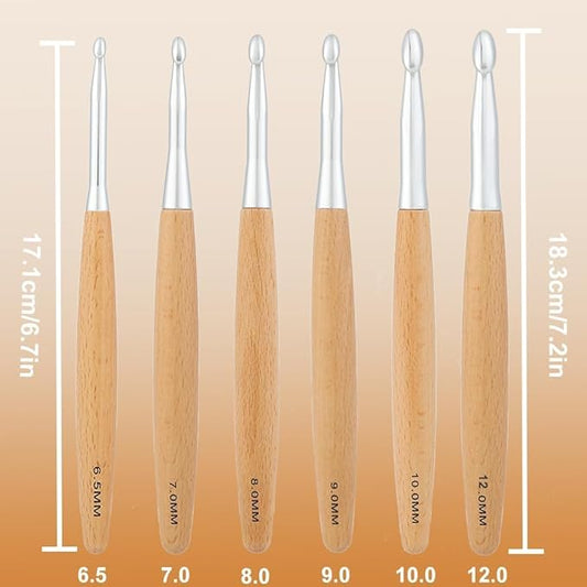 Yarniss Large Crochet Hooks Set 6.5mm,7.0mm,8.0mm,9.0mm,10.0mm,12mm,Big Crochet Hooks with Beech Wood Handle K L M N Q
