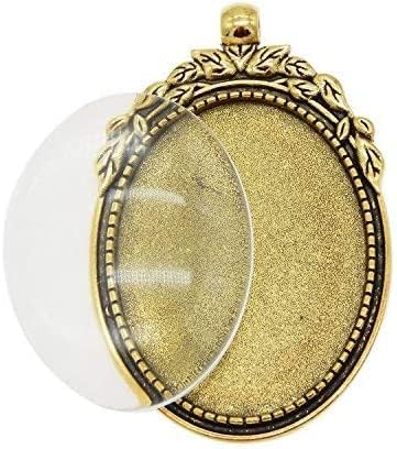 Julie Wang 10 Sets Oval Antiqued Gold Color Blank Photo Setting Bezel Tray Pendant with Clear Glass Cabochons for Necklace Jewelry Making Charms Resin Crafts DIY Supplies