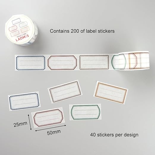 Japanese Label Writable Washi Tape / 25mm x 10M / 200 Stickers (Multicolor)