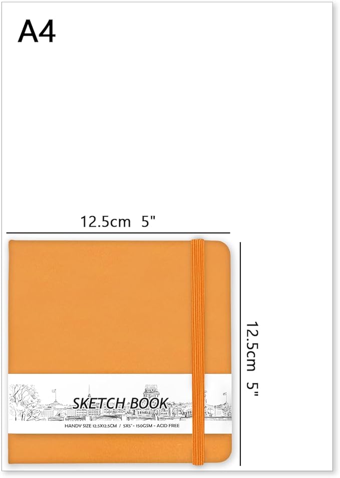 5" x 5" Hardcover Sketch Book,Small Mixed Media Sketch Pad,58 Sheets 150GSM Acid-Free Artist Drawing Paper,Travel Journal Blank Notebook for Adults Painting,Illustration,Art Supplies.Orange