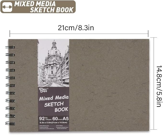 5.8" x 8.3" Mixed Media Sketch Book,Spiral Bound Hardcover Sketchbook,60 Sheets 92lb/150gsm Neutral White Acid Free Paper,Art Journal Sketchbook for Drawing Writing Sketching Illustration,Dark Grey