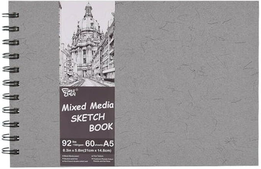5.8" x 8.3" Mixed Media Sketch Book,Spiral Bound Hardcover Sketchbook,60 Sheets 92lb/150gsm Neutral White Acid Free Paper,Art Journal Sketchbook for Drawing Writing Sketching Illustration,Silver Gray