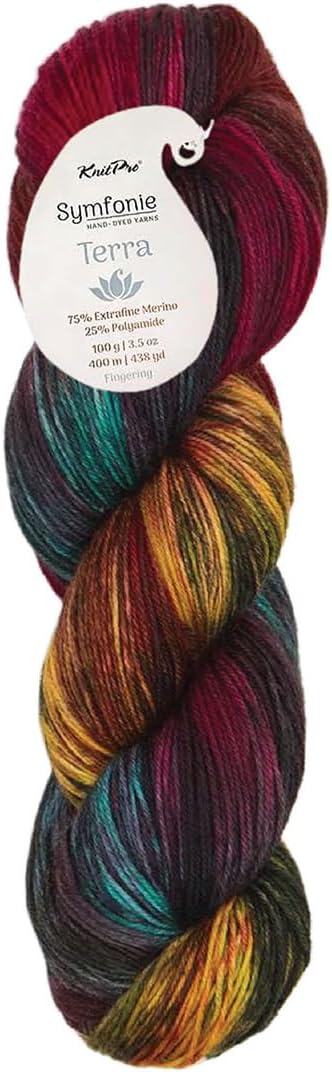 KnitPro Symfonie Fingering Weight Hand Dyed Variegated Yarn Skein | Extra Fine Merino Wool & Polyamide Blend for Knitting & Crocheting, Oeko-TEX Certified 400m, 100g | Terra Harvest Vine