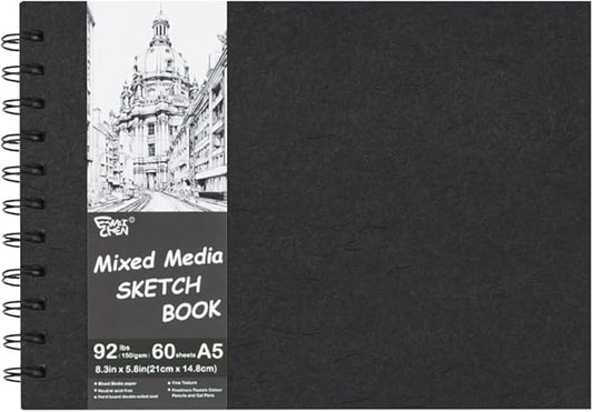 5.8x8.3in Sketch Book, 60Sheets Spiral Bound Notebooks, Natural White 92lbs/150gsm Acid-Free Drawing Paper for Painting,Sketching, Professional Sketch Pad for Artists, Beginners. NW-Black