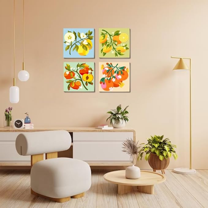Canrichshop 4 Pack Framed DIY Paint by Numbers Kit for Adults Beginner,Fruit Oil Painting Easy Paint by Number with Canvas,Acrylic Paint Kit Arts and Crafts for Adults for Decor 8x8inch