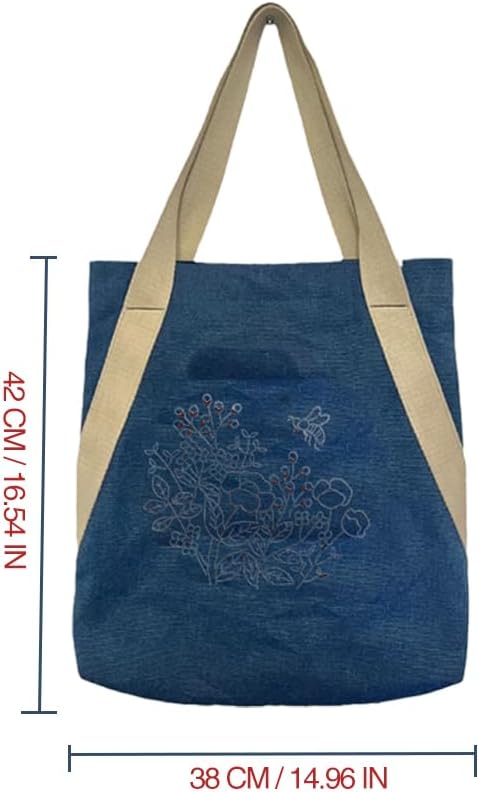 VWV-Whizzing Embroidery Canvas Tote Bag DIY Kit for Beginners, Complete with Pattern, Hoops, Color Threads, Tools & Detailed Instructions for Adults (15X16.5(in) Blue)