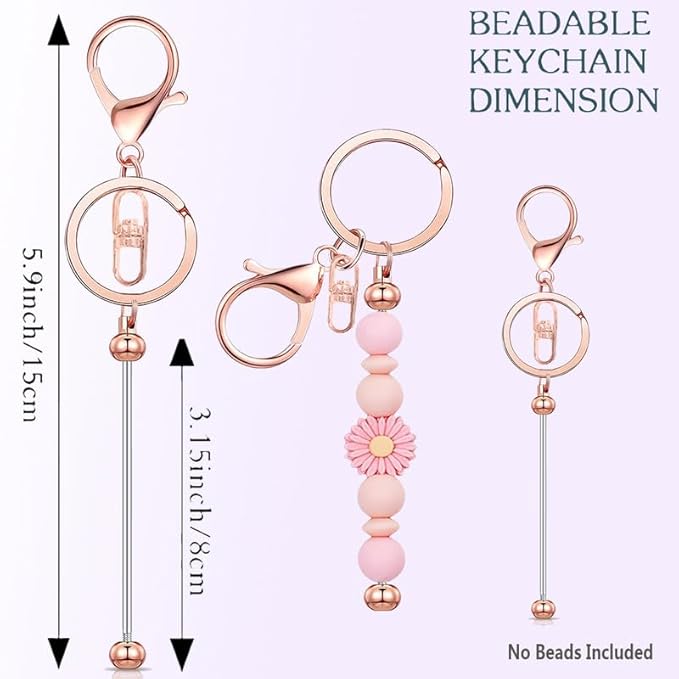 6 Pcs Beadable Keychain Bars Bulk for Beads DIY Blank Keychain Metal Beaded Keychains for Bead Key Chain Making Kit Crafts Gift Rose Gold