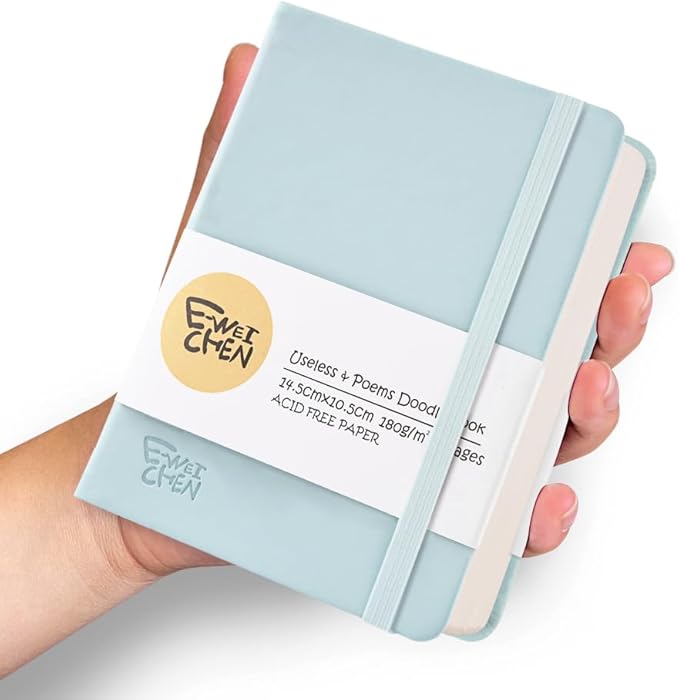Hardcover 96Pages Blank Sketch Book for Drawing, Small 5.7x4.1 Pocket Journal Notebook for Travel, 180gsm Thick Paper Diary Notebooks for Work, PU Cover Memo for Writing. Light Blue