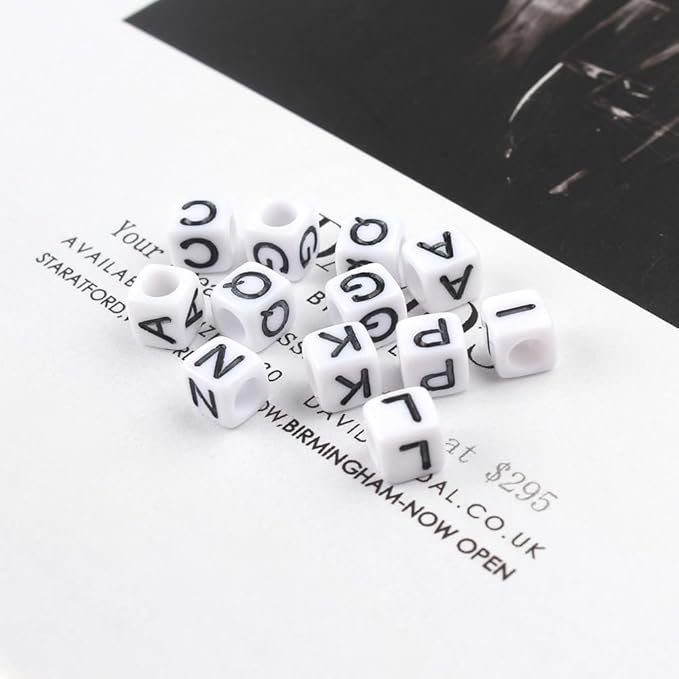 Yochus 900pcs Bulk White Square Acrylic Alphabet Letter Beads 6x6mm Black Letter A-Z Beads for Jewelry Making and DIY Bracelets, Necklaces, Key Chains