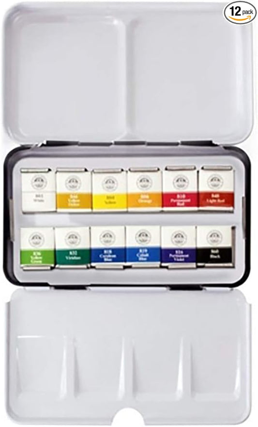 Mungyo Professional Half Pan Size Water Colors Set in Tin Case/Integral Mixing Palette in The lid (12 Colors)