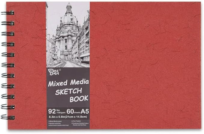 5.8" x 8.3" Mixed Media Sketch Book,Spiral Bound Hardcover Sketchbook,60 Sheets 92lb/150gsm Neutral White Acid Free Paper,Art Journal Sketchbook for Drawing Writing Sketching Illustration,Red
