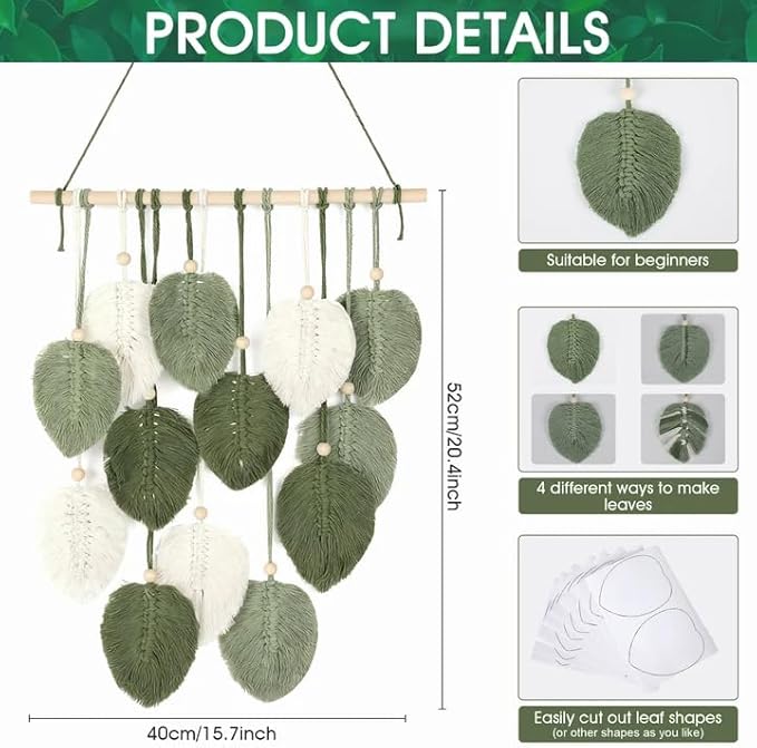 Crystalberry Large DIY Macrame Leaf Wall Hanging Kit 20.4in × 15.7in Bohemian 13 Green Leaves Decor DIY Craft Woven Yarn Tapestry for Living Room Bedroom