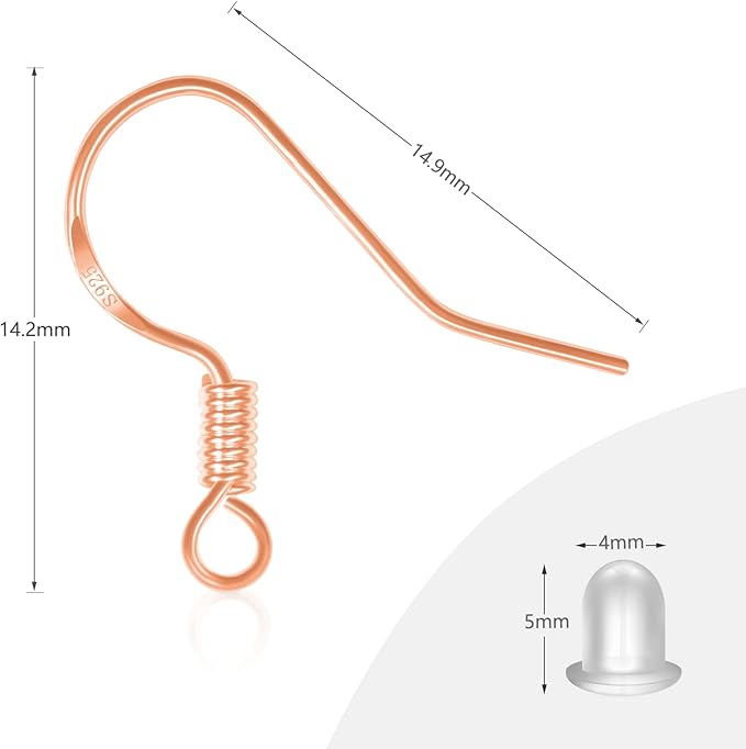 menkey 925 sterling rose gold earring hooks 120 pcs/60 pairs hypoallergenic ear wires fish hooks for jewelry making, jewelry findings parts with 120 pcs rubber earring backs stopper for diy earrings