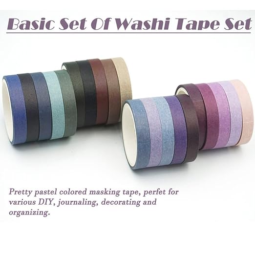 20 Rolls Washi Tape Set - Cool Tones Solid Colour Masking Tape, 197 Feet x 7.5mm Wide, for Journaling, Scrapbooking, Planners, Books & DIY Arts Crafts