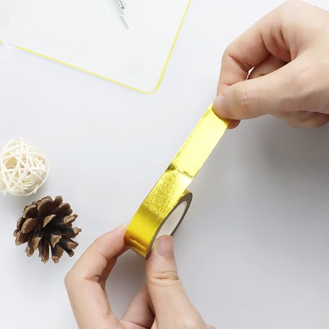 6 Rolls Solid Yellow Gold Foil Washi Tape Set 15mm x 10m Length Gilding Stamping Paper Adhesive Masking Tapes Sticky Paper Tape for DIY Scrapbooking Bullet Crafts Art Journal Home Decoration
