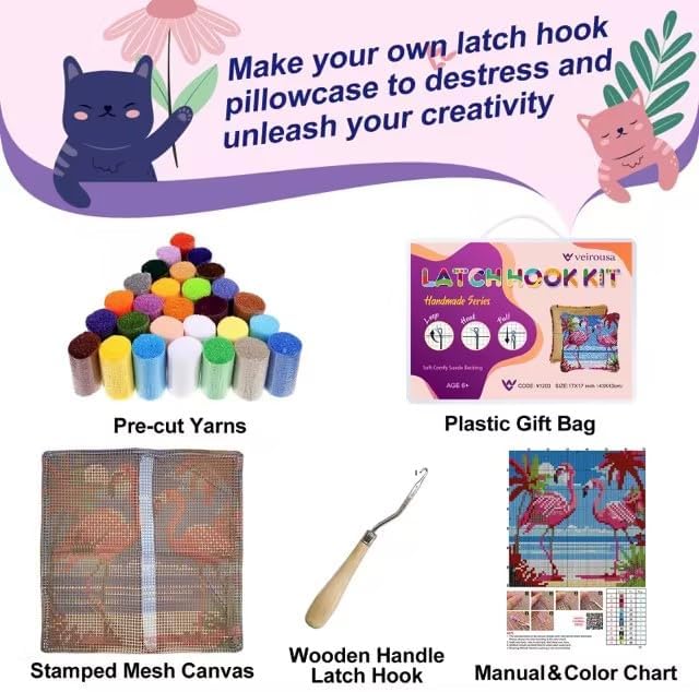 veirousa Flamingos Latch Hook Kits for Adults, Beginners DIY Hooked Pillow Kit Pre-Printed Pillowcase Hook and Latch Rug Kits Cross-Stitch Cushion Cover for Home Sofa Decoration 17x17 inch