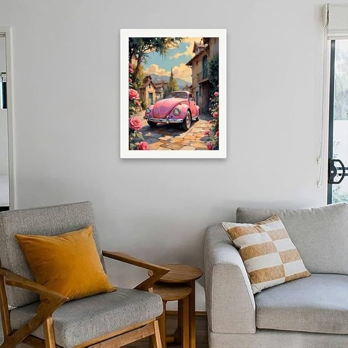 Vintage Car Paint by Numbers Kit for Adults – DIY Pink Retro Car in Street with Roses Painting on Rolled Canvas 16x20 Inches, Acrylic Paint Set for Beginners, Art for Home Decoration or Gifts