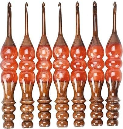 Wooden Crochet Hooks Set for Arthritic Hands | Ergonomic Soft Grip - Resin Mix Indian Rosewood Crochet Hook Set for Crocheting & Knitting (Orange, Set of 7)