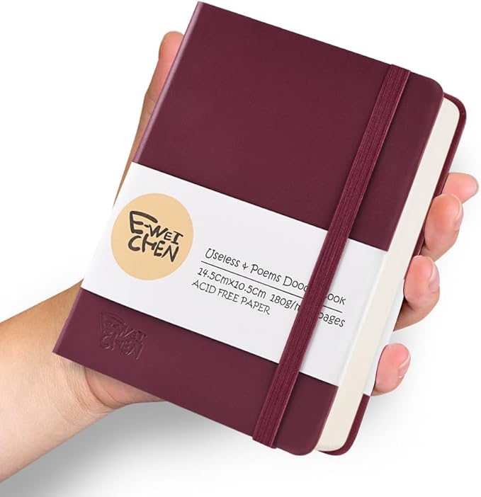 Hardcover 96Pages Blank Sketch Book for Drawing, Small 5.7x4.1 Pocket Journal Notebook for Travel, 180gsm Thick Paper Diary Notebooks for Work, PU Cover Memo for Writing. Wine Red