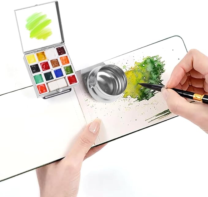 Portable Mini Tin Box 14-Well Empty Watercolor Palette Paint Mixing Tray is a Small Storage Travel Kit with Magnetic Clip and Oil Pot, Perfect for Outdoor Sketching and DIY Painting.Starburst