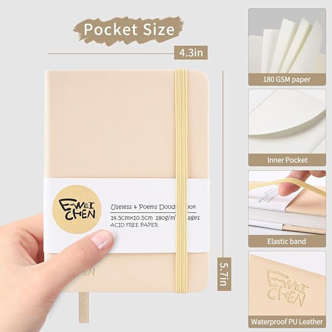 Small Blank Notebook, 96Pages, Hardcover Sketch Book for Drawing, 5.7x4.1 Pocket Journal Notebook for Travel, 180gsm Thick Paper Diary Notebooks for Work, Leather Cover Memo for Writing. Beige