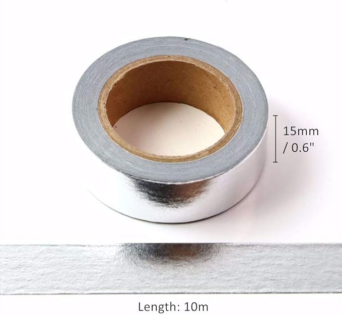 MEI YI TIAN 6 Rolls Solid Silver Foil Washi Tape Set 15mm Width 10m Length Glitter Paper Adhesive Masking Tapes Sticky Paper Tape for DIY Scrapbooking Bullet Crafts Art Journal Decoration
