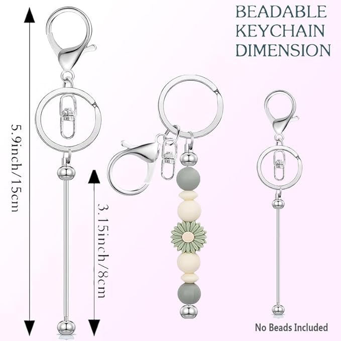 6 Pcs Beadable Keychain Bars Bulk for Beads DIY Blank Keychain Metal Beaded Keychains for Bead Key Chain Making Kit Crafts Gift Silver