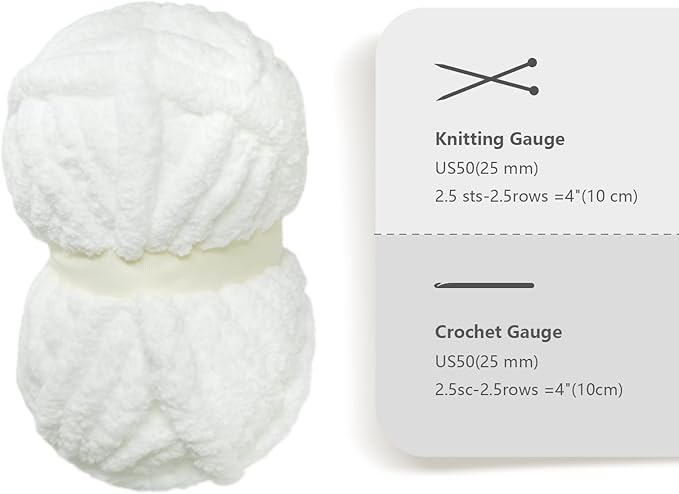 White Chunky Chenille Yarn for Crocheting Bulky Thick Fluffy Yarn for Knitting,Super Bulky Hand Blanket, Soft Plush Yarn Crochet Carpet/Scarf/Cushion/ 8 Jumbo Pack(63.76oz/197.68yd